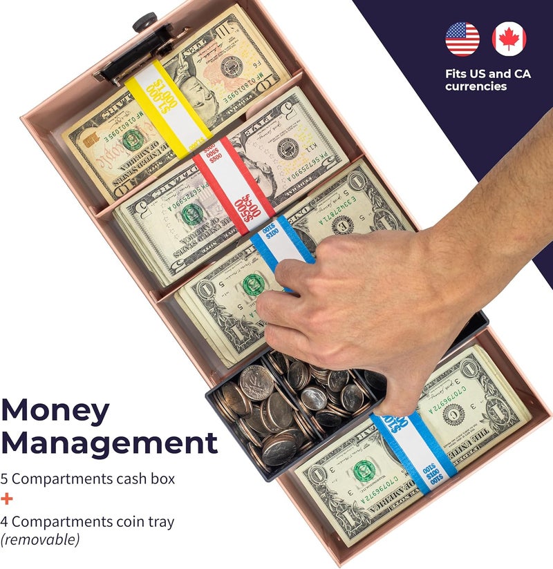 Volcora Cash Box Money Organizer - 15” x 7.5” x 4” Cashbox 5 Compartments Drawer Tray - Bills and Coin Slot with Combination Lock for POS Register, Kiosk, Retail, Personal and Business Use, Pink - Image 3